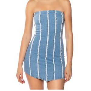 Strapless Blue Denim Mini Dress with Frayed Stripe Detail